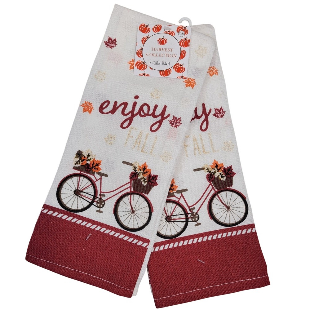 2 Harvest Collection Kitchen Towel 2pk White Red Enjoy Fall Bicycle Flour Sack
